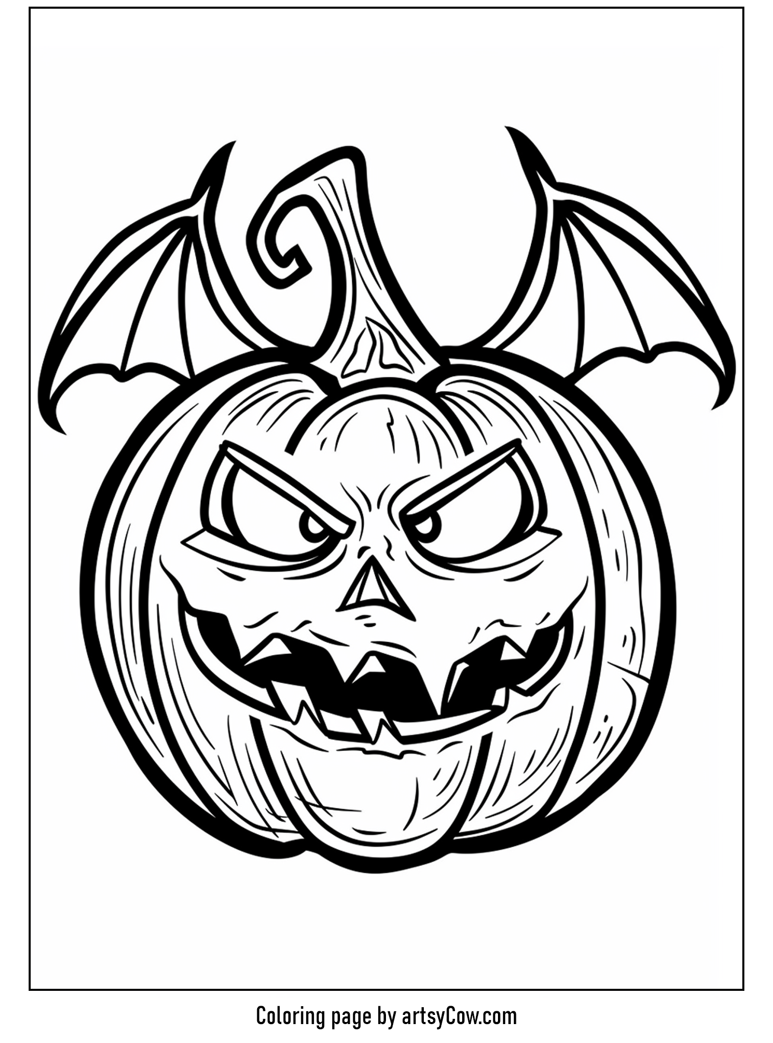 scary halloween coloring pages, depicting a pumpkin with menacing eyes and sharp teeth, topped with large, fearful bat wings.